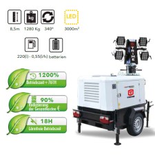 TRIME X-HYBRID Mobile 8,5 m Mast 4 x 150 W LED Flutlicht mit Fahrgestell
