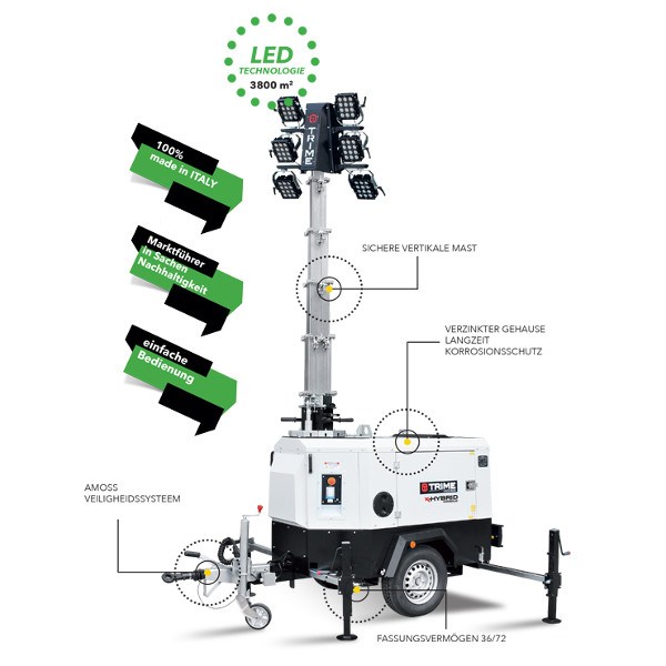 TRIME X-HYBRID Mobile 8,5 m Mast 6 x 150 W LED Flutlicht mit Fahrgestell
