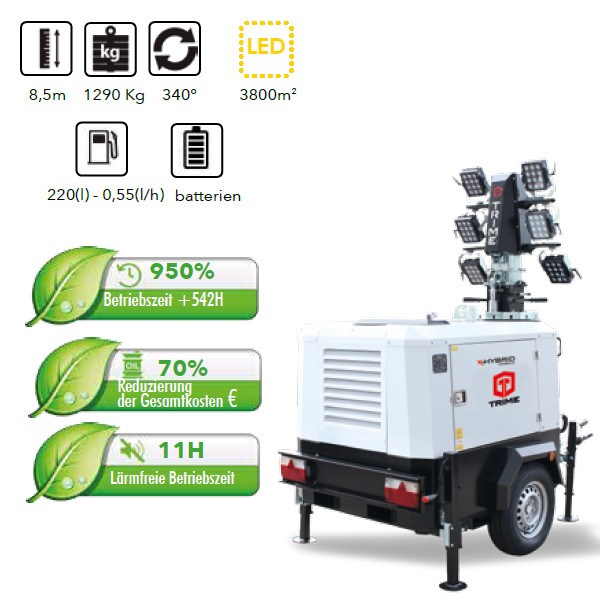 TRIME X-HYBRID Mobile 8,5 m Mast 6 x 150 W LED Flutlicht mit Fahrgestell